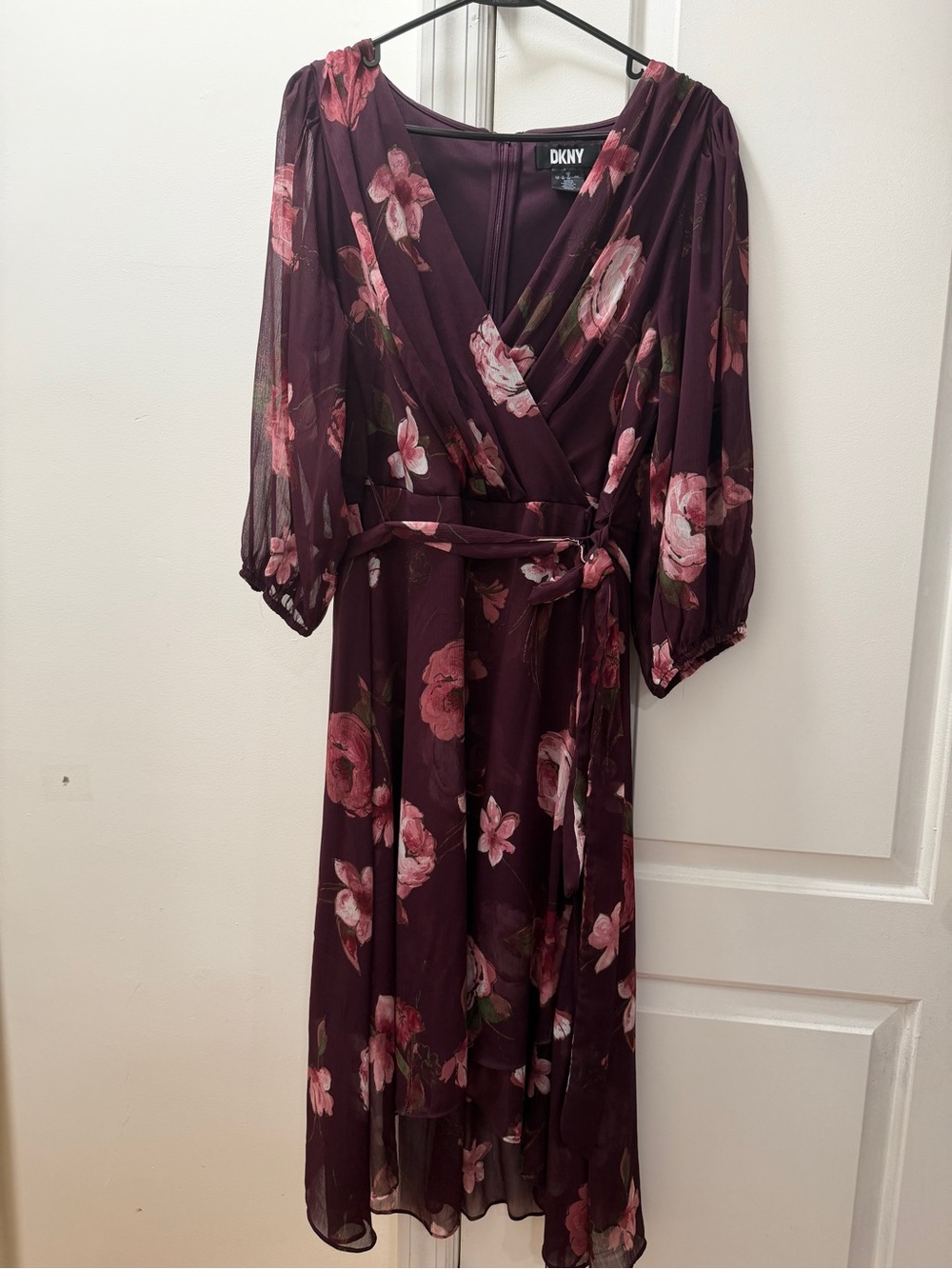 DKNY Wine Floral Wrap Midi Dress
